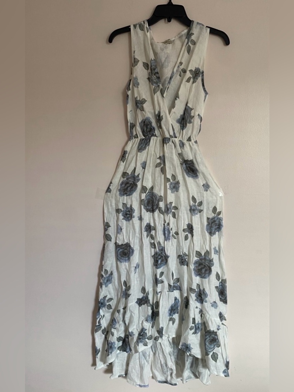Sleeveless White Maxi Dress with Blue Floral Print